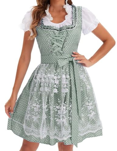 GWAWG Dirndl da Donna per Oktoberfest Dirndlkleid, Abito Tradizionale con Camicetta Tradizionale in Pizzo Gonna Midi Grembiule, Outfit Tradizionale per Volksfest Verde Bianco, verde/bianco, L