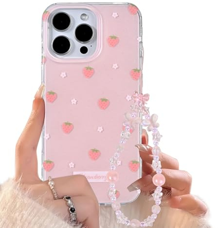 Reownest for iPhone 14 Pro Max Case with Cute Bling Pink Strawberry Flower Pattern Aesthetic Floral Girly Cover, Soft TPU Bumper Protective Phone Cases for Women Girls + Beaded Bow Chain