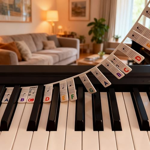 Piano Notes Guide for Beginner, 61-Key Piano Keyboard Note Labels standard full-size, Reusable Silicone Strips Colorful Larger Bold Letter Piano Notes Guide