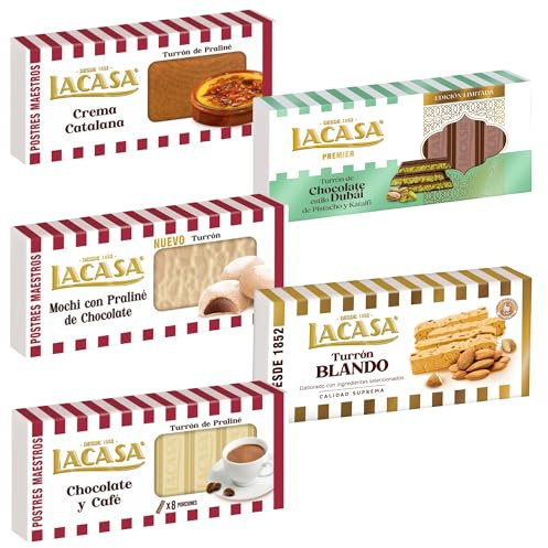 Pack Surtido 5 Turrones Lacasa:Blando, Chocolate y Café, Crema Catalana, Mochi con Praliné de Cacao, Chocolate estilo Dubai con Pistacho y Kataifi