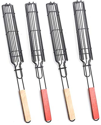 Cestello per grigliare spiedini per kebab antiaderenti, in acciaio inox, con manici in legno, per barbecue, pesce, verdure, salsicce