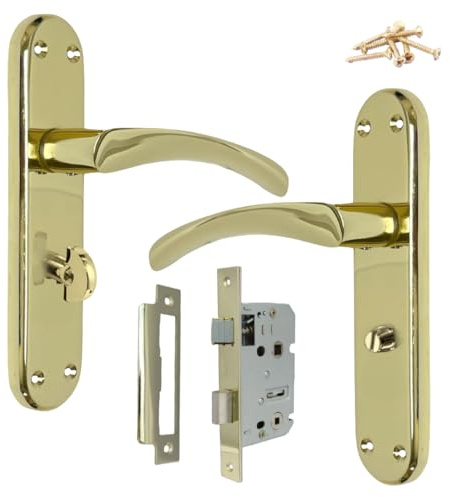 Betley Butterfly London Astrid Twist Door Handle Pack, Polished Brass, Lever on Backplate Bathroom Lock Handles, 179mm x 40mm with Mortice Lock and Fixings