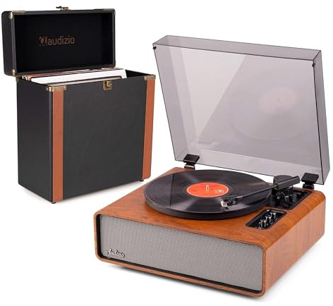 Audizio Laredo - Tocadiscos con BT portátil + Maleta RC37 marrón Oscuro | Bluetooth incorporado, diseño portátil y cápsula Audio Technica, sonido estéreo, para tu salón de estilo retro clásico
