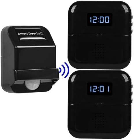 Wireless Motion Sensor Alarm, SiegenPro Home Security Doorbell Driveway Visitor Alert with PIR Motion Detector Plug-in Receiver, 38 Chimes and Time Display, Wall Mounted for Office Shop (Black 1+2)