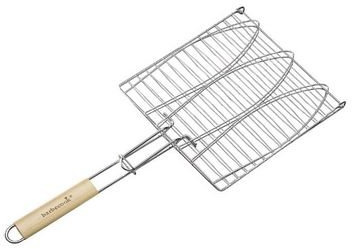 grill-onlineshop Fischgrill, für 3 Fische, verchromt mit abgerundeten Holzgriff, Rost mit 28 x 28cm