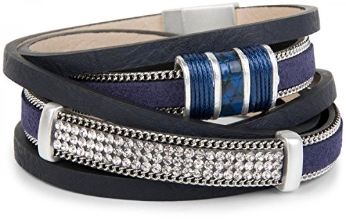 styleBREAKER Vintage Wickelarmband mit Strass, Gliederkette und Magnetverschluss, 3-Reihig, Armband, Damen 05040024, Farbe:Dunkelblau