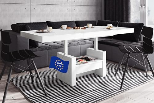 Design Couchtisch Tisch HLU-111 Weiß MATT/HOCHGLANZ Schublade höhenverstellbar ausziehbar Esstisch