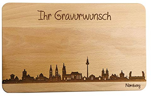 SNEG Brotzeitbrett Nürnberg Skyline | Frühstücksbrettchen aus Buche | Holz Schneidbrett | Geschenk mit Gravur | Frühstücksbrett | Bayern | Franken (Brett XL (35x23x1,5cm), 2. mit persönlicher Gravur)