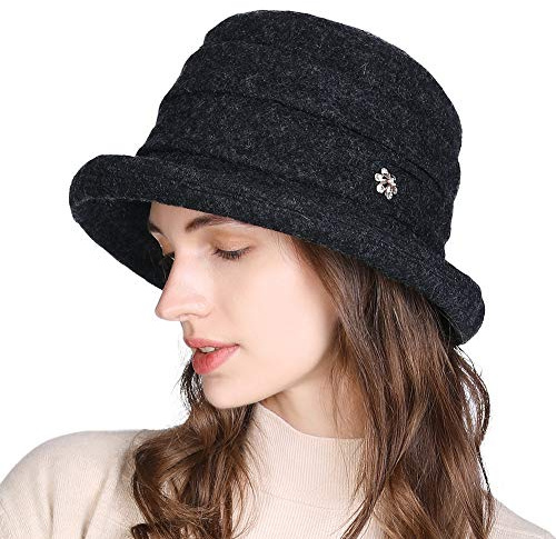 Fancet Damen Woll-Bucket-Hat Winter 1920er Vintage Cloche Bowler Hüte Elegante Derby Kirche Hüte für Frauen, M/L