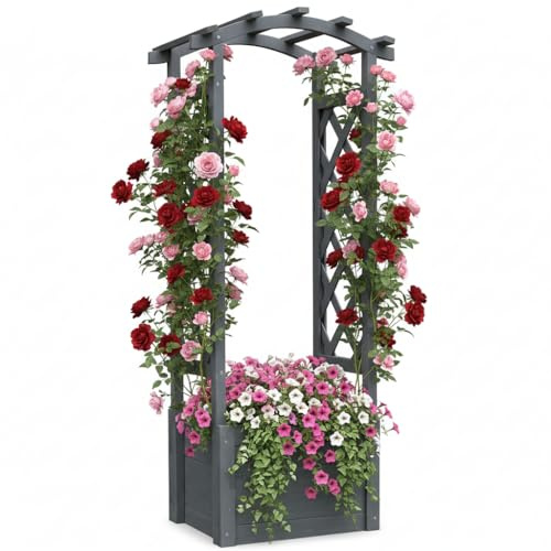 Melko Rankgitter mit Pflanzkasten Holz Rosenbogen 48 x 39 x 129,5 cm Gartenbogen Rankgestell Rosensäule
