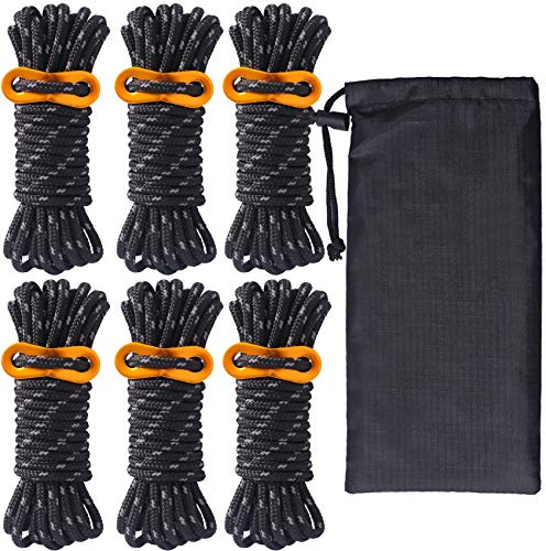 Guy Rope 4mm Reflective Cord Guy Line Tent Guide Rope with Aluminum Adjuster 13 Feet 6 Pack for Tent Tarp Outdoor Packaging (Black)