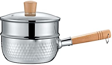 Concord 2 quart rostfritt stål Yukihira panna med ångkokare. Traditionell japansk kastrull med trähandtag. Perfekt för Ramen, Tempura Pot, Mjölk, etc., Silver