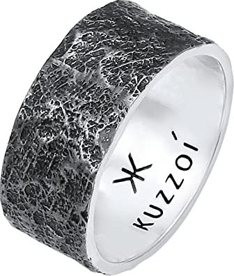 Kuzzoi Herrenring (10 mm) Massiv Handgeschmiedet, Bandring für Männer aus 925 Sterling Silber, Cooler Silberring im Used Look, Ring mit rustikaler Struktur oxidiert, Ringgröße 58, 0609652220_58