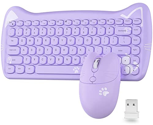 AJAZZ A3060 Violeta Teclado y Raton Inalambrico Lindo Gato USB Retro Máquina de Escribir Ronda Teclas Punk sentimiento Teclado, Pequeño Cordless Estético Mouse, Accesorios for Gaming Mac Ordenador PC