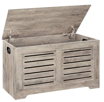 DINZI LVJ Storage Chest, Flip-Top Wooden Toy Box with 2 Safety Hinges, Retro Entryway Shoe Storage Bench, Sturdy Large Storage Trunk for Living Room, Bedroom, Easy Assembly, Greige