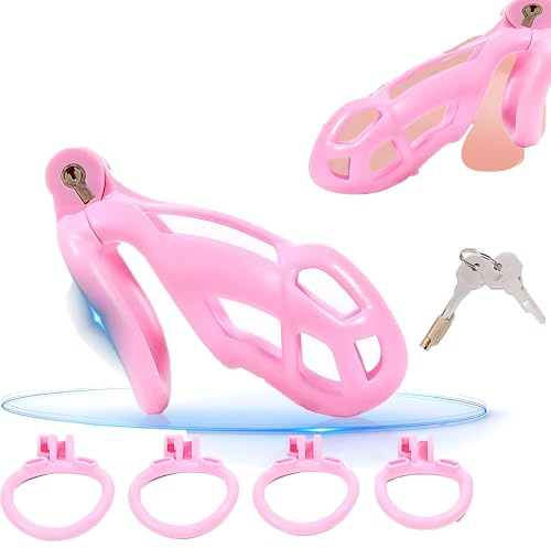 QgLust Chastity Cage Pink Keuschheitskäfig Sissy Cock Cage Leichte Atmungsaktive Penis Käfig Sexspielzeuge für Männer mit 4 Schwanzringen Chastity Cage Fetisch Pink Männer Keuschheitsgürtel