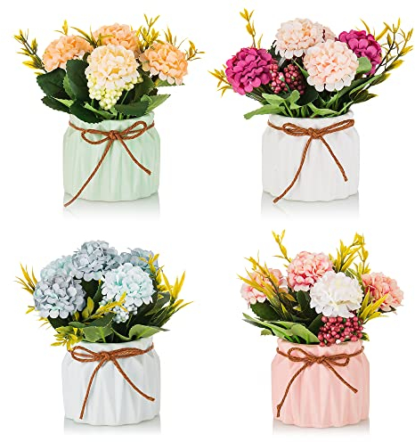BLOSMON Kunstblumen im Topf Deko: 4 Stück Mini Künstlich Hortensien Künstliche Blumen mit Vase für Tischdeko Wohnzimmer Zuhause Dekoration Fake Blume Pflanzen Schlafzimmer Hochzeit Party Büro Decor