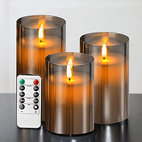 ILEEDear Velas led 3D de cristal sin llama, Velas led efecto llama, Vela de vidrio realista efecto, con control remoto temporizador, velas decorativas, adornos salon, navidad decoración casa (Gris)