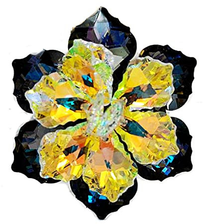 CYPINA Atemberaubende zweifarbige dunkelblaue und grüne Vitrail-Blumen-Strass-Brosche für Muttertag, legierter Stahl, Kristall, Strass, Silber, Stahl, Kristall