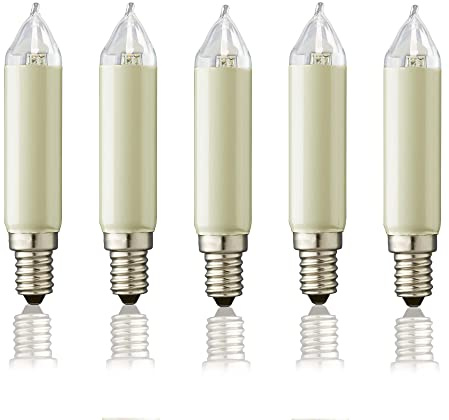 hellum Ersatzkerzen LED 5x, 8-55V 0,1-0,5W, 4-30 Brennstellen außen 904987 | E14 Ersatzkerzen für Lichterketten & Schwibbogen, 5 Stück Schaftkerzen E14 (ø20 mm), 30 Lumen Ersatzkerzen Lichterkette