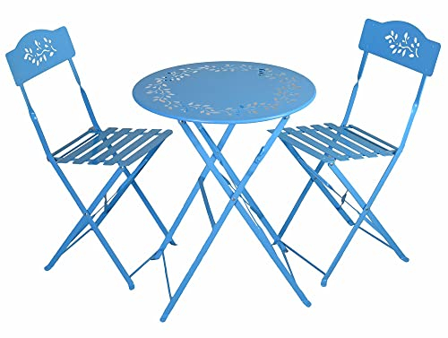 PALAZZO INT Gartenmöbel Set „Miami Beach“ 3-teilig – Eisen Balkonset in Blau – Nostalgische Sitzgruppe mit Tisch Ø 60 cm & 2 Klappstühlen – Antikstil für Garten Terrasse Küche