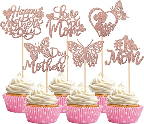 24 Stück Happy Mother's Day Tortendeko, Glitzer Herz #1 Mom Schmetterling Love You Mom Cake Toppers Kuchen Deko Cupcake Topper für Glücklicher Muttertag Thema Frauen Geburtstag Party Supplies Rosegold