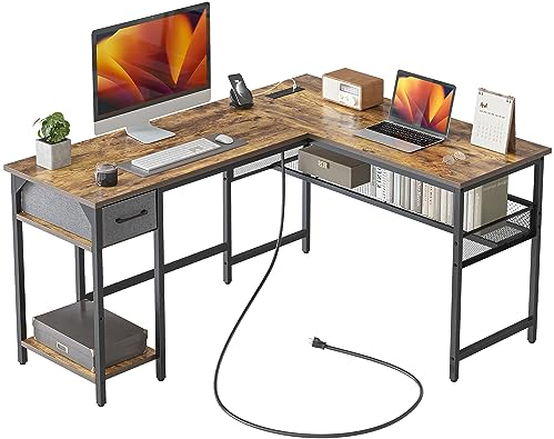 CubiCubi Moderner L-förmiger Computertisch, Mit Steckdose, 148 x 120 cm PC-Tisch, Stabiler Schreibtisch, Eckschreibtisch ecktisch groß bürotisch, Braun