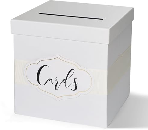 PAPER FAIR White Glitter Gift Card Box for Reception, Large 10'' with Ribbon, Personalized Card labels, Wedding, Christmas, Birthday, Graduation, Bridal Baby Shower Money Box Party Supply Decor