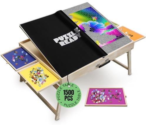 Puzzle Ready 1500 Stück hölzerner Puzzletisch - 27 x 36 Faltbare Puzzlematte mit Schubladen und Beine - 4 farbige Schubladen, 3 Neigungswinkel - Puzzletisch 1500 Teile - Puzzle-Matte - Puzzle Brett