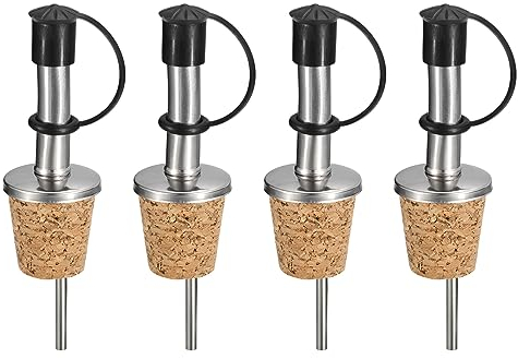 QUARKZMAN Vertedores para Botella Acero Inoxidable 4uds Vertedor Aceite Oliva con Tapas Goma Diseño Corcho Tapones para Botellas Vino para Verter Líquidos Aceite Oliva Vino Vinagre