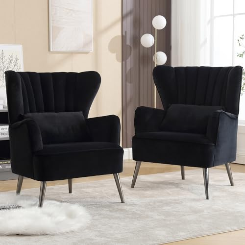 YUUIJOAA Modern Accent Chairs Set of 2, Comfy Wingback Armchair with Pillow Upholstered Shell Chair Reading Chair for Bedroom, Living Room, Small Spaces Black
