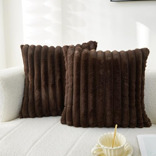 Sunday Praise Double-Sided Faux Fur Plush Throw Pillow Covers 20x20 Inch Set of 2 Dark Brown Striped Decorative Pillow Cases Soft Luxury Cushion Cases for Couch Sofa Living Room Décor
