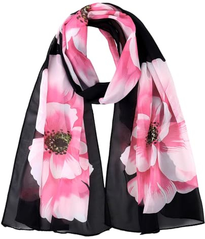 Chiffon Schal Damen Weiche Blumen Schal Stola Halstuch Tuch Leichter Kopftuch Wrap für Frühling Sommer Herbst Winter,Schwarz Blumen