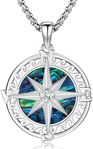 Aniu 925 Sterling Silber Kompass Halskette für Herren, Kompass Anhänger Kette mit Abalone Muschel, Kompass Schmuck Abschlussgeschenk für Männer Frauen Mädchen Jungen