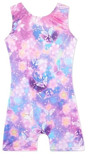 XiaoMoSha Gymnastik trikåer för flickor ärmlös enhet dans outfit för barn tonad färg glittrande regnbåge trikåer för små flickor 2-10 år, Rosa fjäril, 3-4 Years