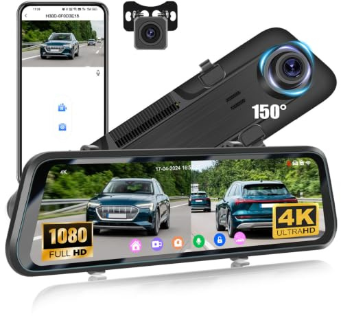 CAMECHO 12 Zoll Spiegel Dashcam 4K Dual Rückspiegel GPS Auto Kamera mit 1080P Rückfahrkamera mit HD Touchscreen WiFi BSD ADAS G-Sensor 150 Grad Weitwinkel-Nachtsicht Loop-Aufnahme