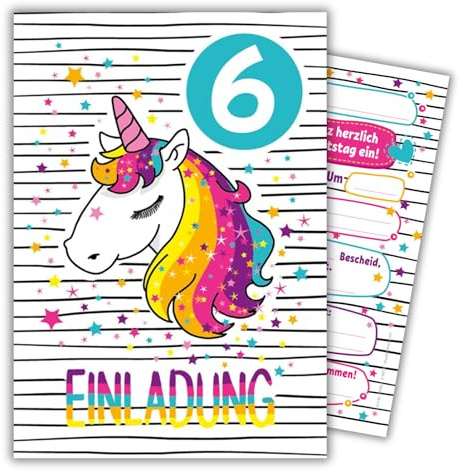 JuNa-Experten 12 Einladungskarten zum 6. Kindergeburtstag Mädchen Einhorn Unicorn coole Einladungen sechste Geburtstag Mädchengeburtstag