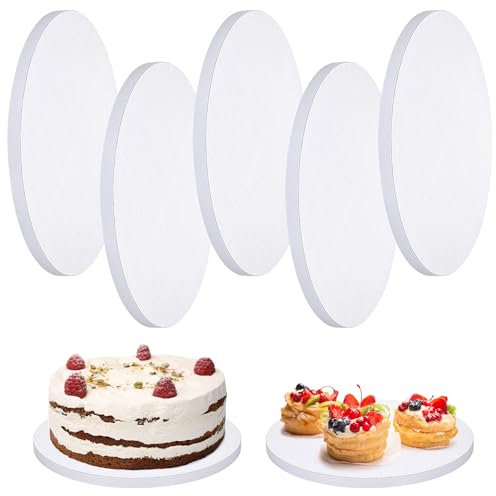 Yimomoyi 5 Stück Cake Drum, 12mm Cake Board Rund, Tortenunterlage Ø 25cm/10inch, Wiederverwendbar Tortenplatte Weiß, Mehrschichtige Wellpappe, Tortenboden Pappe für 6-9 inch Kuchen, Dessert