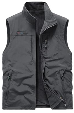 Vivikivi Fleece-väst för män för män vattentät varm ärmlös jacka med fickor vändbar kroppsvärmare för fiske fotografi utomhussport, Grå, 5XL