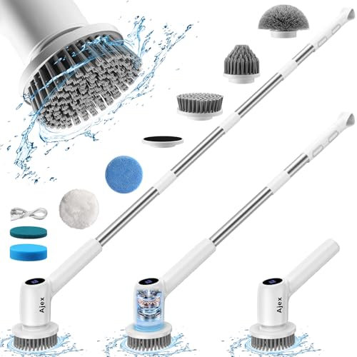 Ajex Spazzola Rotante Pulizia Casa,Spazzola Elettrica per Pulizia con 7 Teste di Spazzola Sostituibili,Spazzola Elettrica per la Pulizia con 2 Modalità Regolabili e Manico Allungabile per Bagno/Cucina