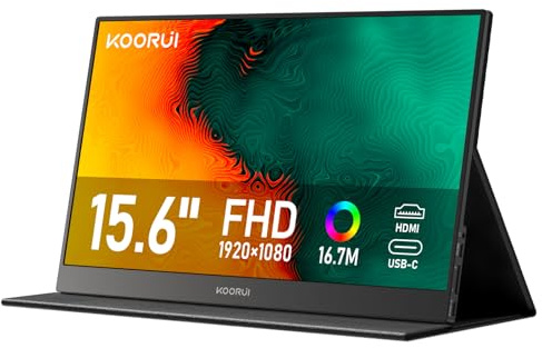KOORUI E1511A Portable Monitor, 15.6 Inch 1920 x 1080 FHD IPS Second Screen with Built-in Speakers for Laptop, PC, Mac, Xbox, PS5/4, USB Type C & HDMI, Smart Cover