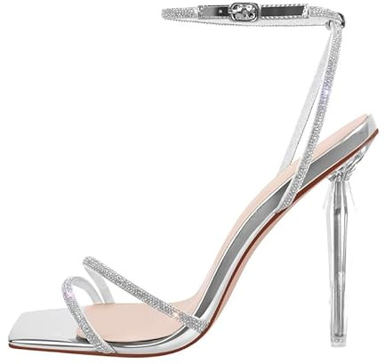 Meinabsatz Damen Stiletto Sandaletten Riemchen Sandalen Slingback High Heels Eckige Zehen Sommerschuhe Glitzer Strass Silber 37 EU