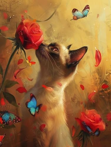 N.LANSHAN DIY Knüpfteppich Knüpfhakenset Mit Katzen Und Blumen，Tiere Und Schmetterlinge，Diy-Knüpfhaken-Teppich-Sets，Häkelset Für Anfänger，Teppich-Sets Mit Bedruckter Leinwand，Geschenk 55x75cm