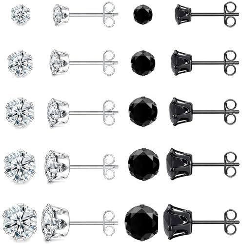 10 Paires Boucle d'Oreille Acier Inoxydable Zircone Cubique Clous d'Oreilles Argent Noir Piercing Oreille Cartilage Hélix Tragus pour Homme Femme, 3/4/5/6/8mm