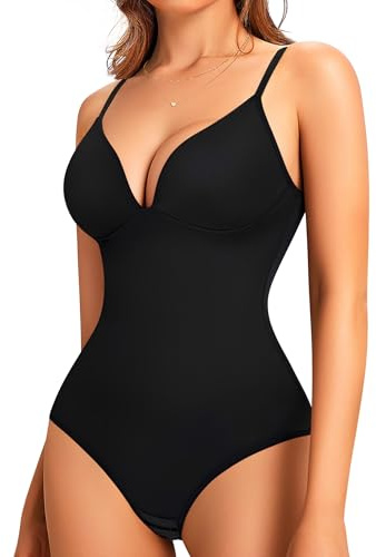 LODAY Shapewear Bodysuits for Women Deep V Neck Body Suit with Built in Bra(Black,XS