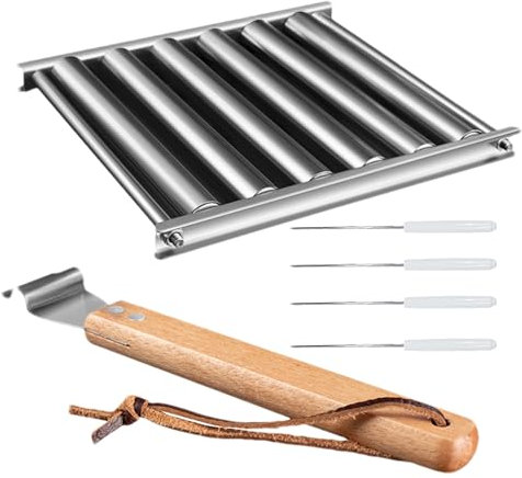 Rotante per Wurstel alla Griglia | Rastrelliera per Salsicce da Barbecue,Accessori per Barbecue in Acciaio Inox con Manico in Legno Strumenti per Mais Cottura all'Aperto e Feste