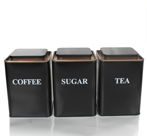 Pykrudo 1300ml Tea Coffee Sugar Canisters, 3 Piece of Black Metal Square Food Storage Tin with Lids, Dry Food Storage Containers for Tea Coffee & Sugar