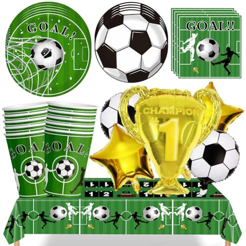 CLKDPNO Football Party Tableware, 56 Pcs Soccer Game Day Party Decorations - Foil Soccer Balloons Paper Plates Dessert Plates Paper Cups Tissue Cloths Tablecloths World Cup Supplies