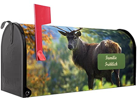 banjado® Amerikanischer Briefkasten - US Mailbox/Letterbox mit Motiv Hirsch 51x22x17cm - Postkasten Stahl aus Amerika – Briefkasten amerikanisch schwarz pulverbeschichtet
