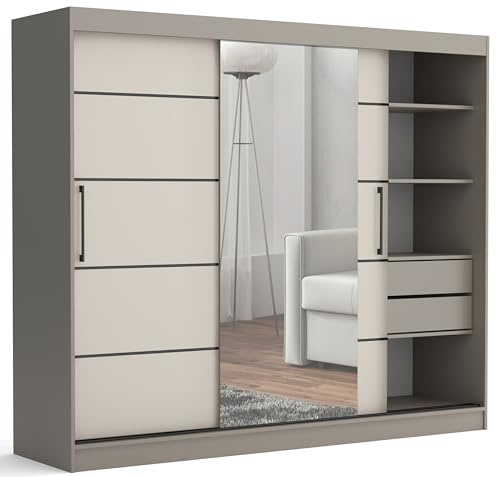 Brent - Kleiderschrank mit Spiegel und Schubladen 235cm Breit Chelsea Tomy, Schwebetürenschrank mit Spiegel, Schlafzimmerschrank, Kleiderschrank Stein/Beige
